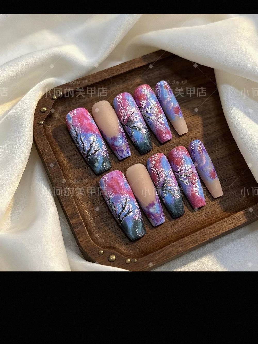 Hand-Painted Cherry Blossom Press-On Nail Set - Pink Purple Gradient